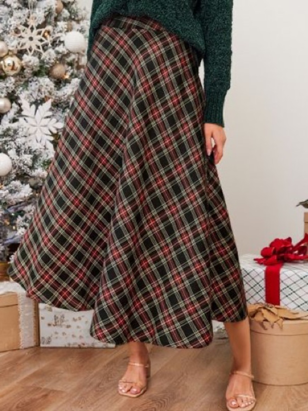 Cupshe Black and Red Plaid Maxi Skirt